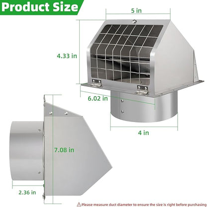 4" Dryer Vent Cover Outside,Stainless Steel Outdoor Dryer Vent Cover for 4 in Pipe,Exterior Wall Vent Cover Cap Dryer Exhaust Vent Cover Outlet for House/Range Hood,Dryer Vent Kit with Screen&Damper