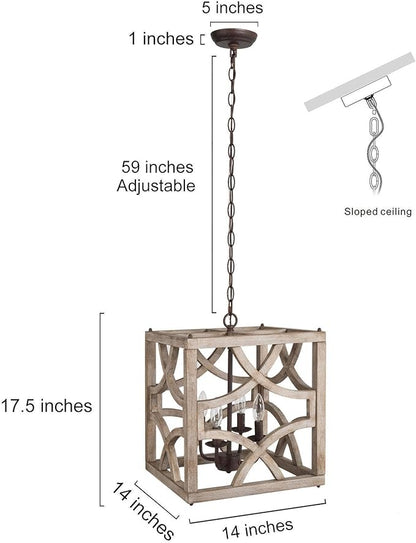 Farmhouse Chandelier, 4-Light Wood Chandeliers Rustic Metal & Distressed Wood Finish for Dining Room, Foyer, Kitchen Island