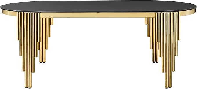 70" Oval Glass Dining Table for 6,Luxury Elegant Kitchen Table with Black Tempered Glass Table Top and Golden Stainless Steel Base,Modern Gold Dining Room Table