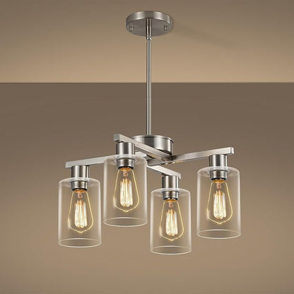 4-Light Modern Farmhouse Brushed Nickel Chandelier, Dining Room Light Fixture Over Table Adjustable Height Hanging Industrial Pendant Lights Kitchen Island, Clear Glass Shade