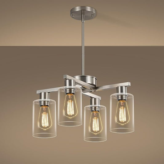 4-Light Modern Farmhouse Brushed Nickel Chandelier, Dining Room Light Fixture Over Table Adjustable Height Hanging Industrial Pendant Lights Kitchen Island, Clear Glass Shade