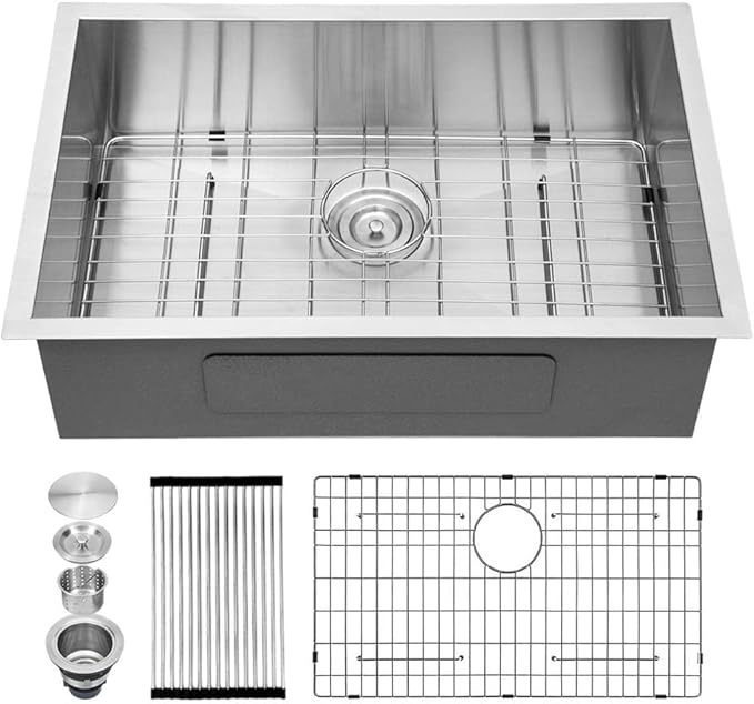 Kichae 27 Inch Undermount Kitchen Sink 27 x18 Inch Kitchen Sink Stainless Steel 16 Gauge Deep Single Bowl Round Corner Handmade Basin
