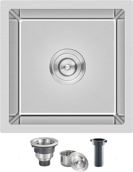 MENATT 15 x 15 Inch Undermount Bar Sink, Single Bowl Handmade Stainless Steel Small Kitchen Bar Sink, 15" x 15" x 8"