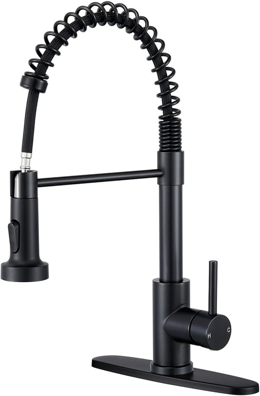 Kitchen Faucet with Pull Down Sprayer, Matte Black High Arc Single Handle Spring Pull Out Stainless Steel Faucet for Kitchen Sink, 2 Mode Utility Ideal for Laundry Camper Bar RV Room