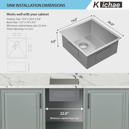 Kichae 19" x 20" Bar Prep Sink Undermount Stainless Steel Deep Single Bowl RV Wet Bar Sink 16 Gauge Round Corner Camper Handmade Kitchen Basin