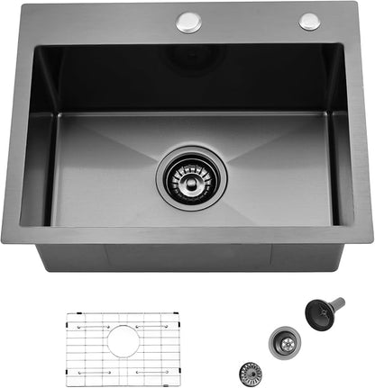 20x16 Black Bar Sink Drop In,16 Gauge Overmount Small RV Sink Stainless Steel Black Kitchen Sink Top Mount Outdoor Single Bowl Prep Sink