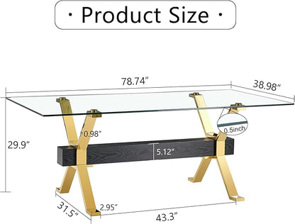 79" Glass Dining Table, Modern Kitchen Table, Modern Dining Table for 8, 0.5" Thick Tempered Glass Tabletop with Gold Chrome Metal Legs and Black Crossbar, Ideal for Dining Room, Kitchen