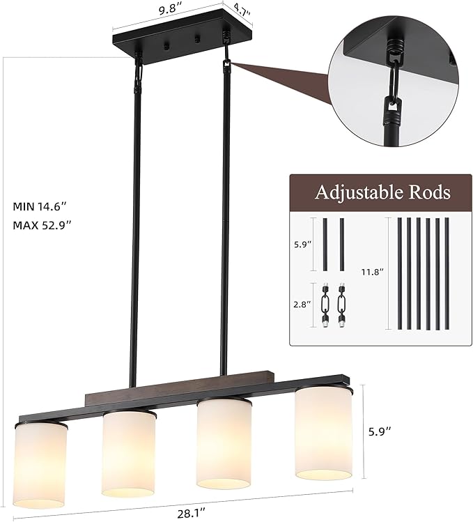 Mecgirn Farmhouse Dining Room Light Fixtures Over Table, Black Pendant Lights for Kitchen Island with Milk Glass Shade, 4 Light Linear Chandelier Lighting with Wood