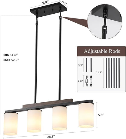 Mecgirn Farmhouse Dining Room Light Fixtures Over Table, Black Pendant Lights for Kitchen Island with Milk Glass Shade, 4 Light Linear Chandelier Lighting with Wood