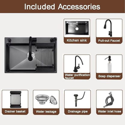 Black Drop in Kitchen Sink, Stainless Steel Single Bowl Sink with 3 Holes, Topmount Workstation Sink, Farmhouse Rectangle Basin with Multiple Accessories (26.8 * 17.7 * 7.9in)