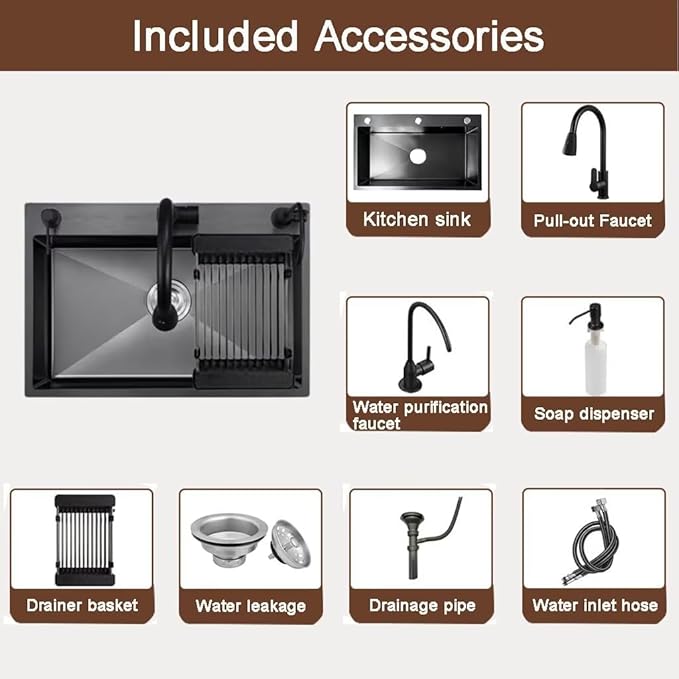 Black Drop in Kitchen Sink, Stainless Steel Single Bowl Sink with 3 Holes, Topmount Workstation Sink, Farmhouse Rectangle Basin with Multiple Accessories (29.5 * 17.7 * 7.9in)