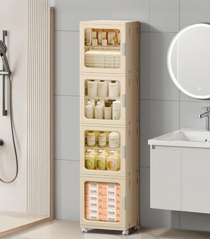 4-Tier Tall Narrow Bathroom Storage Cabinet with Magnetic Doors, Adjustable Shelves, Plastic Slim Bathroom Organizers and Storage Small Spaces Pantry Kitchen Laundry Room Quick Assembly