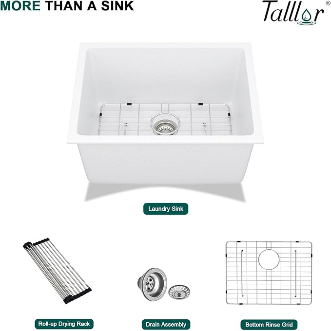 12" Deep White Laundry Utility Sink - 24"x18"x12" Granite Composite Undermount Laundry Sink White Quartz Classic Under Counter Single Bowl Extra Deep Sinks #TLGU-120