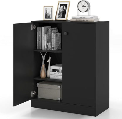 GRAFFY Wood Floor Storage Cabinet - Freestanding Sideboard Cabinet with 2 Doors and 3-Tier Shelves, Modern Storage Organizer for Living Room, Kitchen, Bathroom, Hallway, Dining Room, Entryway (Black)