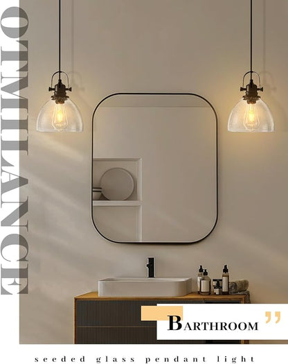 7.5" Seeded Glass Pendant Light 1 Pack, Vintage Hanging Kitchen Lights, Black Glass Pendant Lighting for Kitchen Island, Dining Room, Bar, Cafe