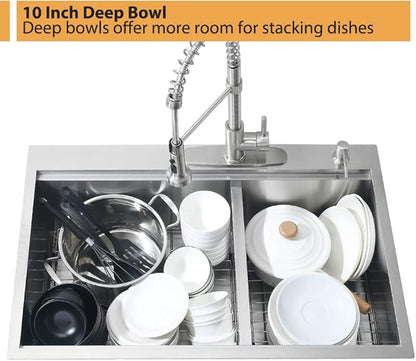33 Inch Double Bowl Drop In Kitchen Sink Workstation-Bokaiya 33x22 Double Bowl Kitchen Sink Drop In Stainless Steel 16 Gauge Deep 60/40 Low Divide Sinks with Cutting Board