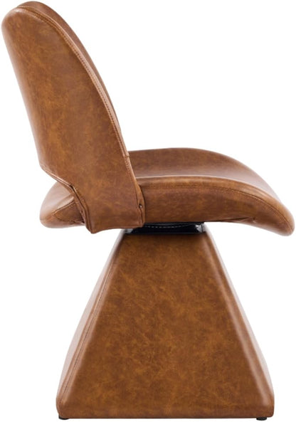 Swivel Dining Chair Upholstered Faux Leather Accent Seat with Curved High Back, Cushioned Foam Padding, Solid Wood and Metal Base, Modern Armless Side Chair for Kitchen Island Vanity Desk (Brown)