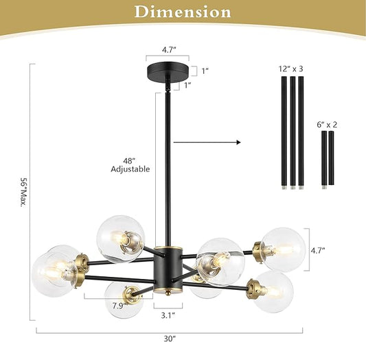 WINGBO 8-Light Sputnik Chandelier, Modern Pendant Light Fixture with 4.7" Clear Glass Globe Shade for Flat and Slop Ceiling, Height Adjustable for Kitchen Living Room Dining Room Bedroom, Black