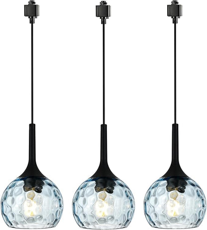 VINLUZ 3 Pack Pendant Light with Blue Round Ribbed Glass Shade, H-Type Track Lighting Fixture Farmhouse Chandelier for Dining Room in Black Finish