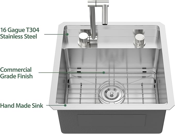 18 x 18 Inch Outdoor Sink Undermount RV Sink Workstation 16 Gauge Stainless Steel Single Bowl Handmade Outdoor Kitchen Sinks With Folding Faucet 18"x18"x9"