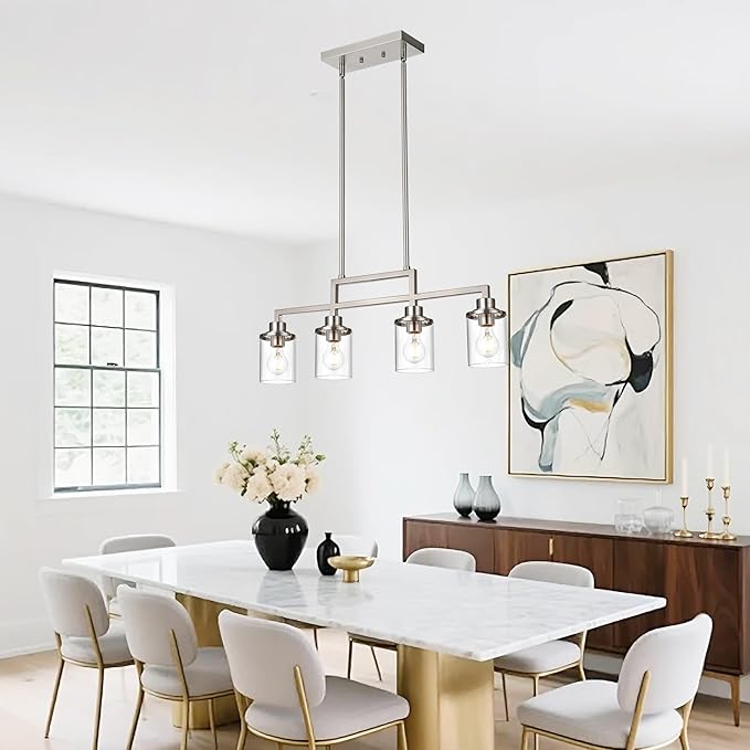 Yaohong 4-Light Brushed Nickel Farmhouse Dining Room Light Fixture, Modern Kitchen Island Chandelier with Clear Glass Shades, Adjustable Ceiling Pendant Lighting for Dining Table and Living Room