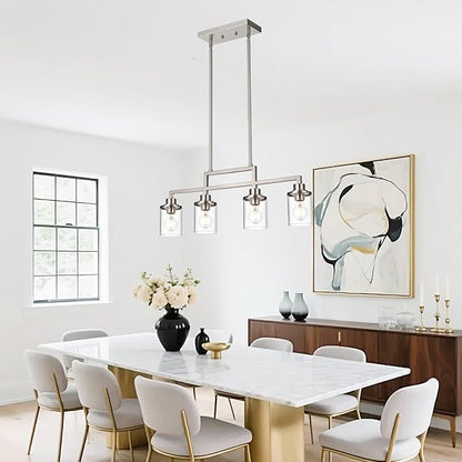 Yaohong 4-Light Brushed Nickel Farmhouse Dining Room Light Fixture, Modern Kitchen Island Chandelier with Clear Glass Shades, Adjustable Ceiling Pendant Lighting for Dining Table and Living Room