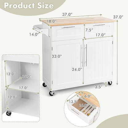 COSTWAY Kitchen Island on Wheels, Kitchen Cart with Side Towel Bar, 2 Drawers, 2 Door Cabinet, Rolling Storage Trolley Cart with Rubber Wood Top & Lockable Casters (White)