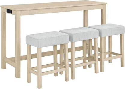 HMFULE 59'' Bar Table and Chairs Set with Power Outlet, Industrial Breakfast Table Set with 3 Padded Stools, Solid Wood Console Table Set for Living Dining Room, Light Oak