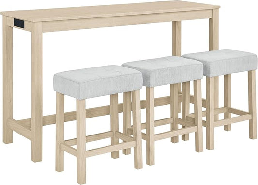HMFULE 59'' Bar Table and Chairs Set with Power Outlet, Industrial Breakfast Table Set with 3 Padded Stools, Solid Wood Console Table Set for Living Dining Room, Light Oak