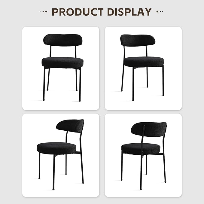 Black Boucle Dining Chair Set of 2, Modern Oval Upholstered Dining Chairs with Curved Back and Metal Leg for Dining Room,Restaurant,Kitchen Island(Black Leg)