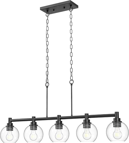 VONLUCE Dining Room Light Fixture Over Table, 5-Light Kitchen Island Lighting with Round Glass Shades & Adjustable Hanging Heights, Linear Chandlier for Dining Room Kitchen, Black, ETL Certificated