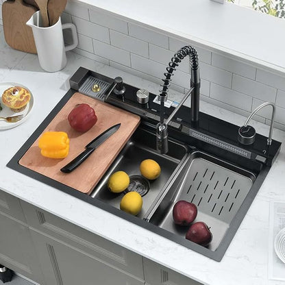 30 Inch Black Waterfall Kitchen Sink with Pull-Out Faucet Combo- Wesliv 30x18 Waterfall Sink Black Digital Display Smart Honeycomb Kitchen Sinks Deep Single Bowl with Accessories