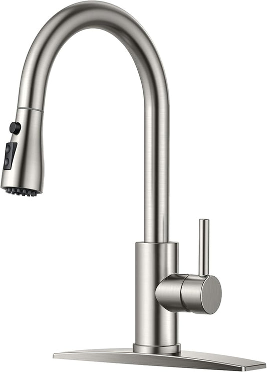 FORIOUS Kitchen Faucet with Pull Down Sprayer, Brushed Nickel, Bar High Arc Single Handle Traditional 3 Modes Stainless Steel Faucet for Kitchen Sink Farmhouse RV Laundry Camper