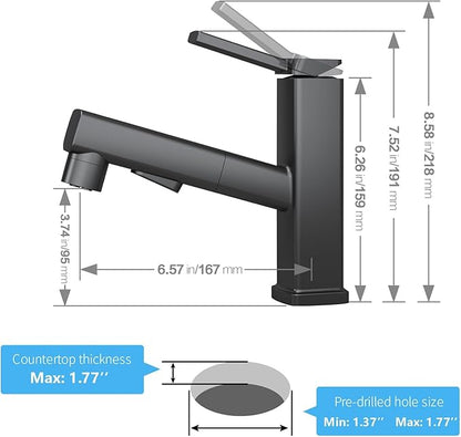 HANLIAN Single Hole Pull Out Faucet for Bathroom Sink, Black Sink Faucet Bathroom, One Handle Modern Restroom Tap with Pull Down Sprayer, 3 Modes Washroom Pull Out Tap with Rotating Spout