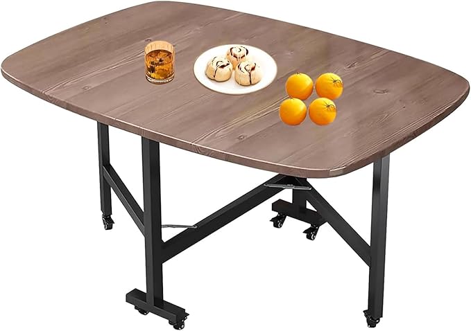Solid Wooden Foldable Kitchen Table with 6 Wheels, Multifunction Expandable Folding Table for Small Spaces Kitchen, Bedroom, Living Room, Space Saving Folding Dining Table, Brown，White, Natural(Walnut