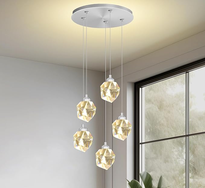 5-Light Cluster Crystal Raindrop Pendant Lights- 25W LED Dimmable Hanging Light Fixture Chandelier for Kitchen Island, Dining Room Living Room