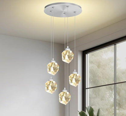 5-Light Cluster Crystal Raindrop Pendant Lights- 25W LED Dimmable Hanging Light Fixture Chandelier for Kitchen Island, Dining Room Living Room