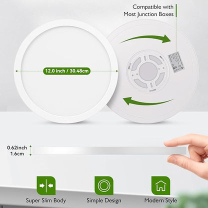 12Inch LED Flush Mount Ceiling Light Fixture, 28W 3200Lm Dimmable Modern Recessed Ceiling Lamp, 5000K Daylight White Round Low Profile Ceiling Light for Kitchen Closet Bedroom Hallway Laundry, 1-Pack