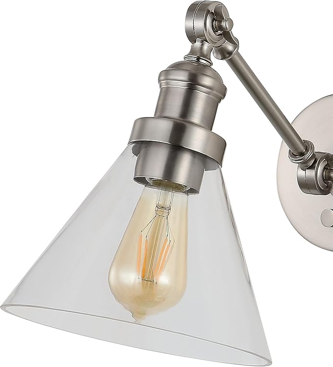JONATHAN Y 8" Nickel Adjustable LED Wall Sconce, Plug-in Wall Lamp with Dimmer Switch, Clear Glass Shade for Bedroom Living Room Kitchen, LED Bulb Included (JYL7575B)