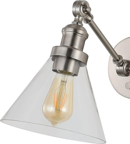 JONATHAN Y 8" Nickel Adjustable LED Wall Sconce, Plug-in Wall Lamp with Dimmer Switch, Clear Glass Shade for Bedroom Living Room Kitchen, LED Bulb Included (JYL7575B)