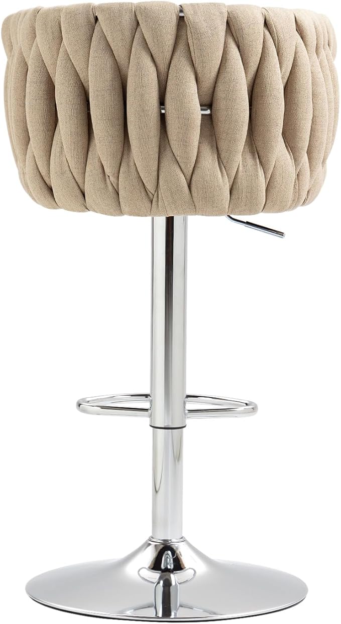 360° Fabric Cover Swivel Bar Stools Set of 2, Adjustable Counter Height Bar Chairs with Woven Back Footrest, Silver Chromed Bar Stools for Kitchen Island, Cafe, Pub (Yellow)