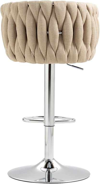 360° Fabric Cover Swivel Bar Stools Set of 2, Adjustable Counter Height Bar Chairs with Woven Back Footrest, Silver Chromed Bar Stools for Kitchen Island, Cafe, Pub (Yellow)