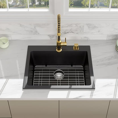 25 Granite Composite Kitchen Sink - Beslend 25x22 Inch Drop In Granite Kitchen Sink Topmount Black Quartz Sinks Classic Above Counter Single Bowl Basin