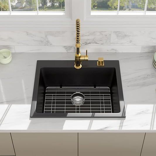 25 Granite Composite Kitchen Sink - Beslend 25x22 Inch Drop In Granite Kitchen Sink Topmount Black Quartz Sinks Classic Above Counter Single Bowl Basin