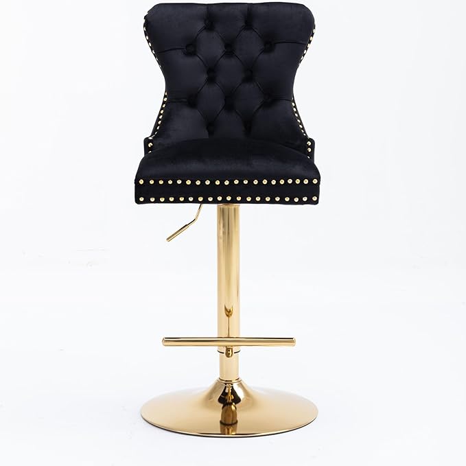Rhomtree 27-36 Inch Swivel Bar Stools, Adjustable Counter Height Barstools with Tufted High Back & Ring Pull Golden Footrest, Upholstered Bar Chairs for Home Bar Kitchen Island(Black Set of 4)