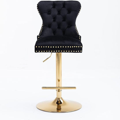 Rhomtree 27-36 Inch Swivel Bar Stools, Adjustable Counter Height Barstools with Tufted High Back & Ring Pull Golden Footrest, Upholstered Bar Chairs for Home Bar Kitchen Island(Black Set of 2)