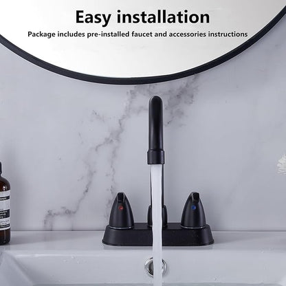 HOTIS Matte Black 4-Inch Centerset Bathroom Faucet, 2-Handle 3-Hole Sink Faucet with Pop-up Drain & Supply Lines