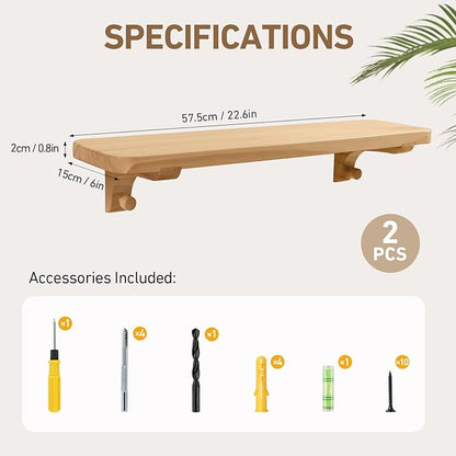 Wooden Floating Shelves for Wall, 22.6" W x 6" D x 0.8" H Large Wall Shelves, Hanging Storage Shelf with Hooks for Living Room, Kitchen, Bathroom, Bedroom Decor, Natural, 2 Packs