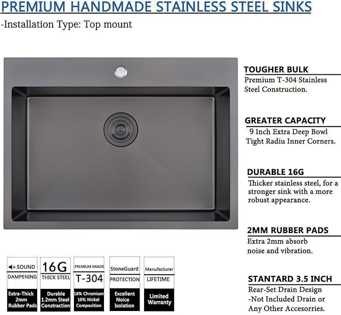 SHACO 28 Inch Black Drop In Kitchen Sink, Gunmetal Black Stainless Steel Top Mount RV Laundry Utility 9 Inch Deep Single Bowl Basin Wet Bar Prep Sink