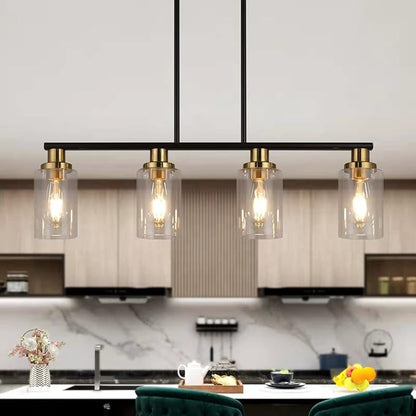 Island Lights for Kitchen, 4-Light Farmhouse Dining Room Light Fixtures Over Table, Matte Black and Gold Linear Chandeliers for Dining Room，Industrial Pendant Lighting with Clear Glass Shade